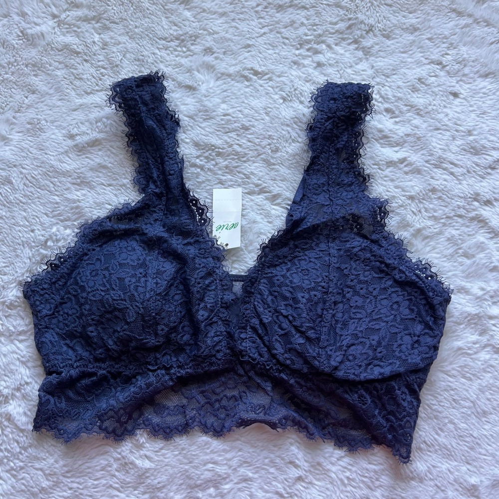 Aerie Real Good Navy Blue Floral Lace Longline Bralette Eyelash Trim Medium NWT